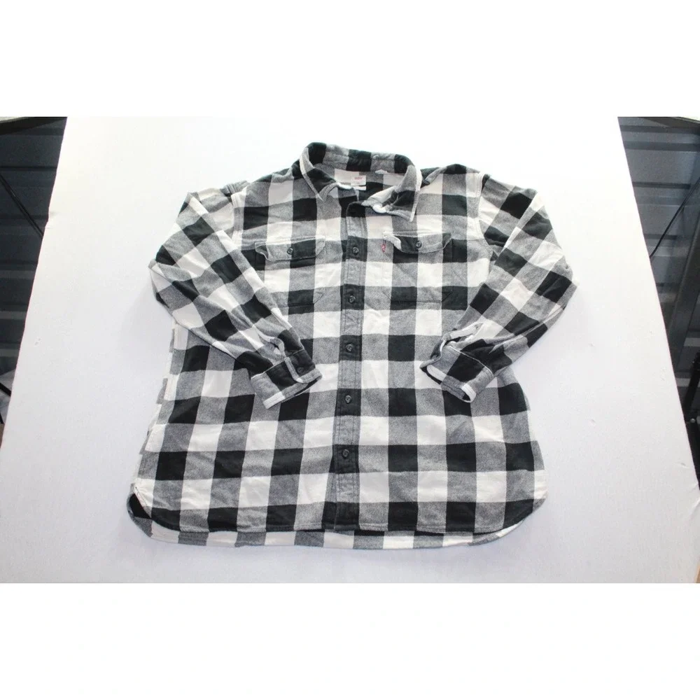 Levi's Flannel Shirt Mens XXL Black Gray Good Buffalo Plaid Relaxed Fit Pocket